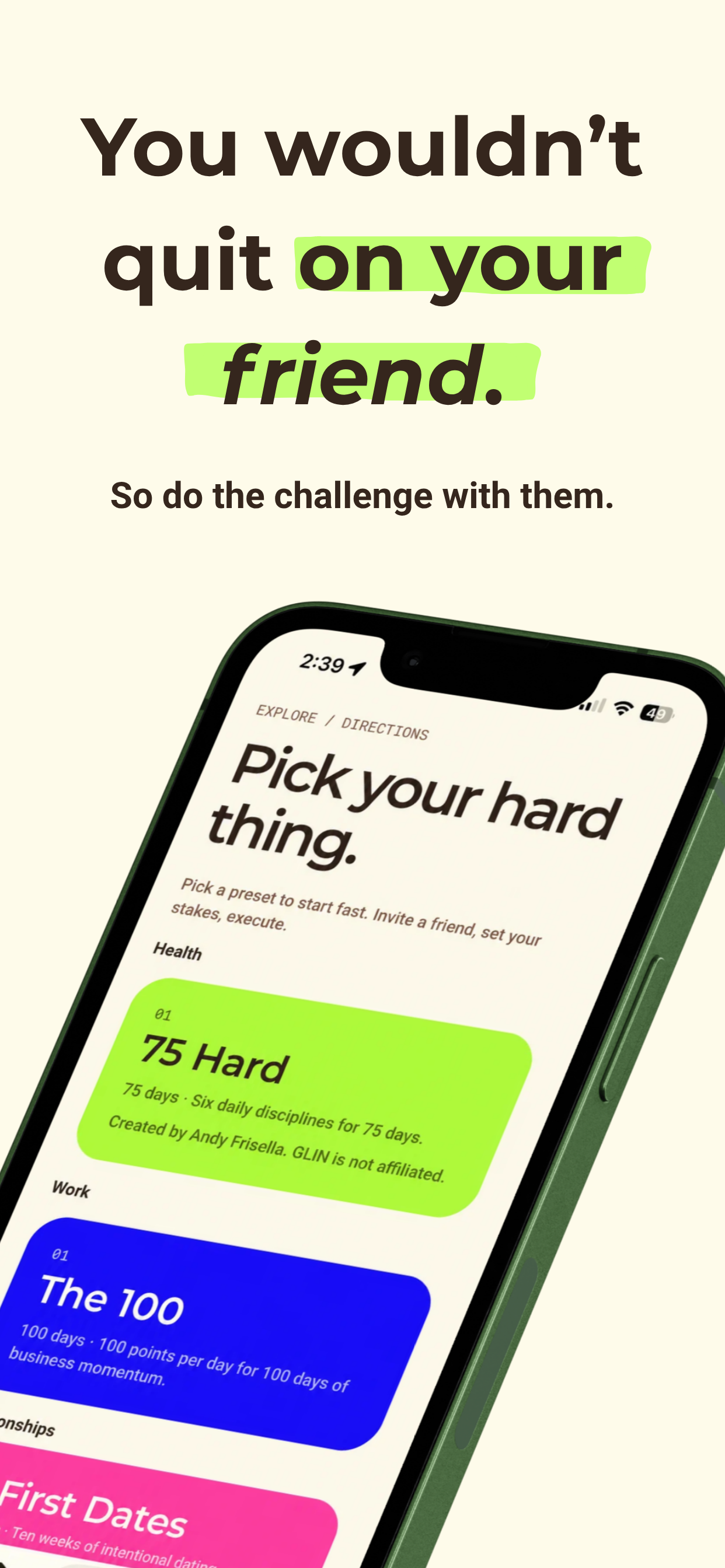 GLIN app showing the Pick your hard thing screen with 75 Hard and The 100 challenge cards