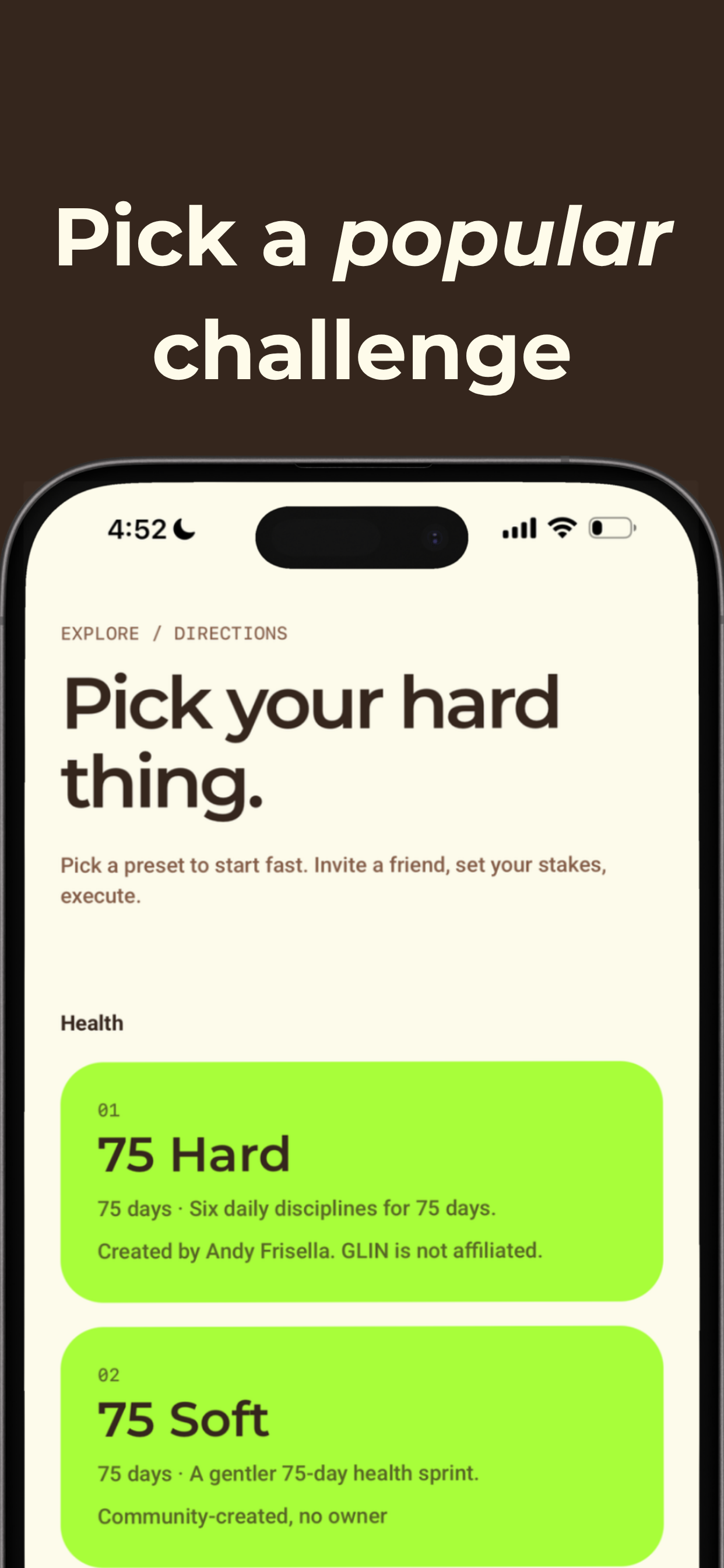 GLIN Explore screen listing built-in challenges: 75 Hard and 75 Soft
