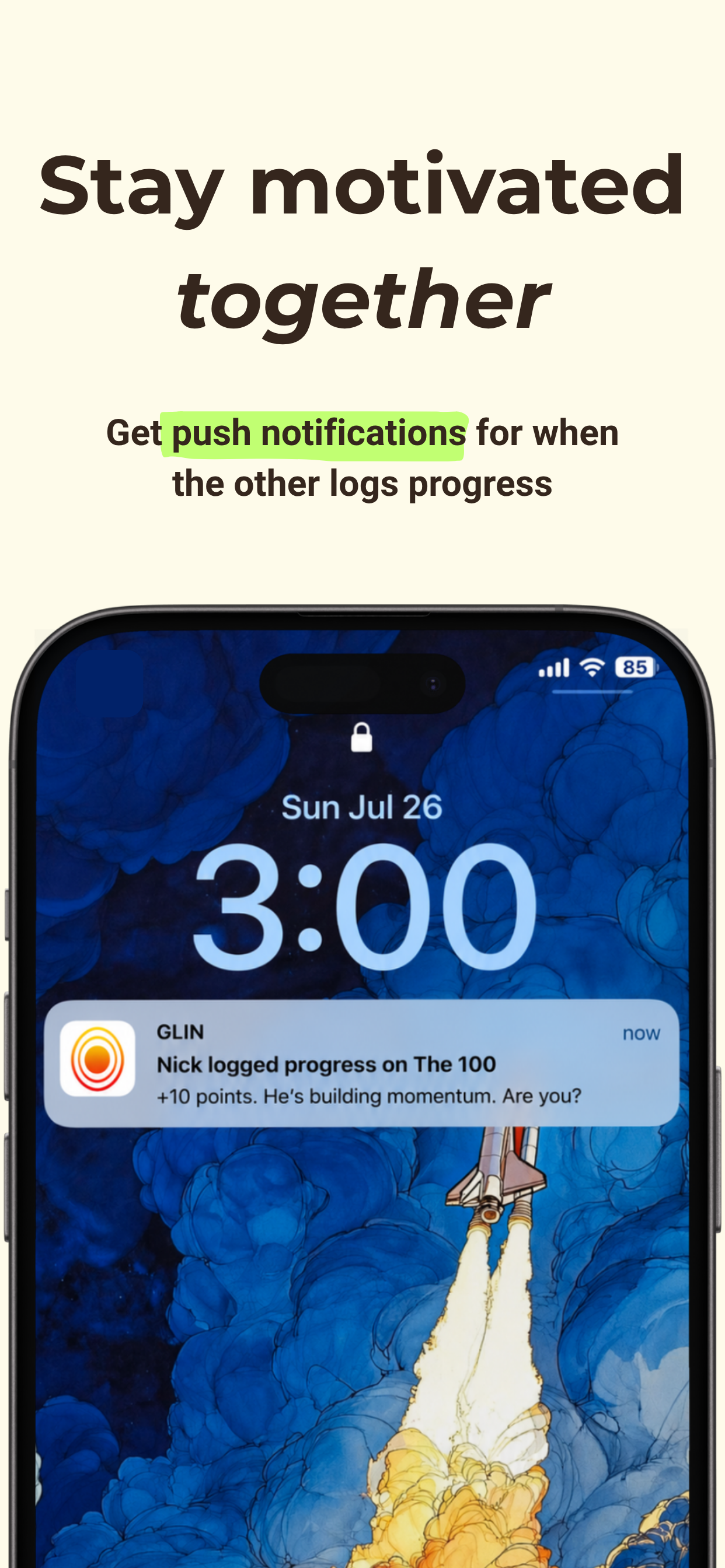 iPhone lock screen notification from GLIN saying a partner logged progress on The 100 for 10 points