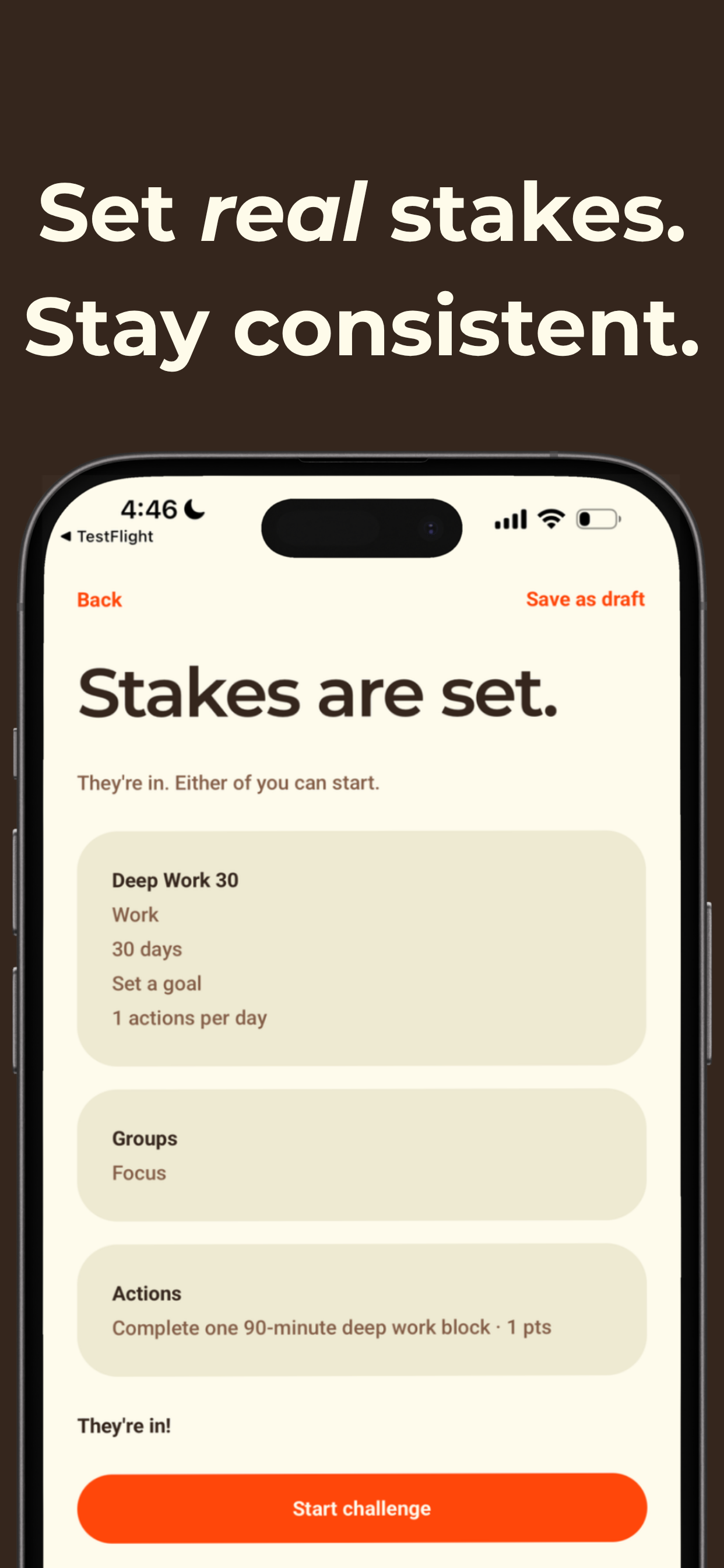 GLIN screen confirming a Deep Work 30 challenge with stakes set and a Start challenge button